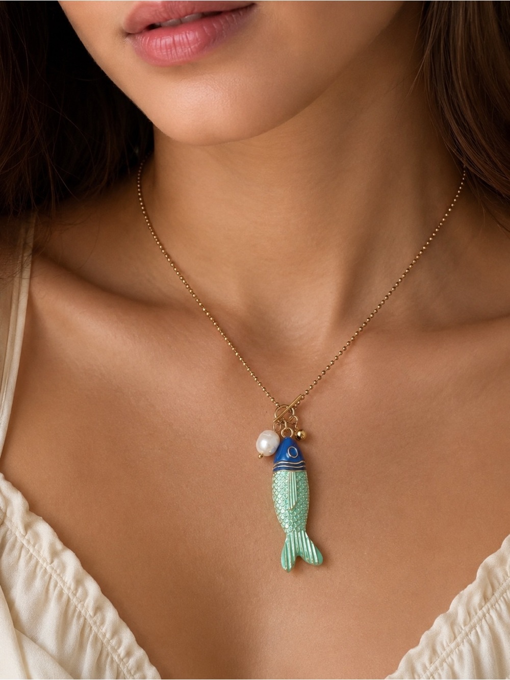 Fish Pendant Necklace with Pearl Charm - Picture 3 of 3